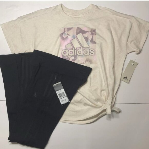 Girls 2 pc Set Pant Flare Leg Top Adidas Athletic Tee Youth Sports Active Wear M